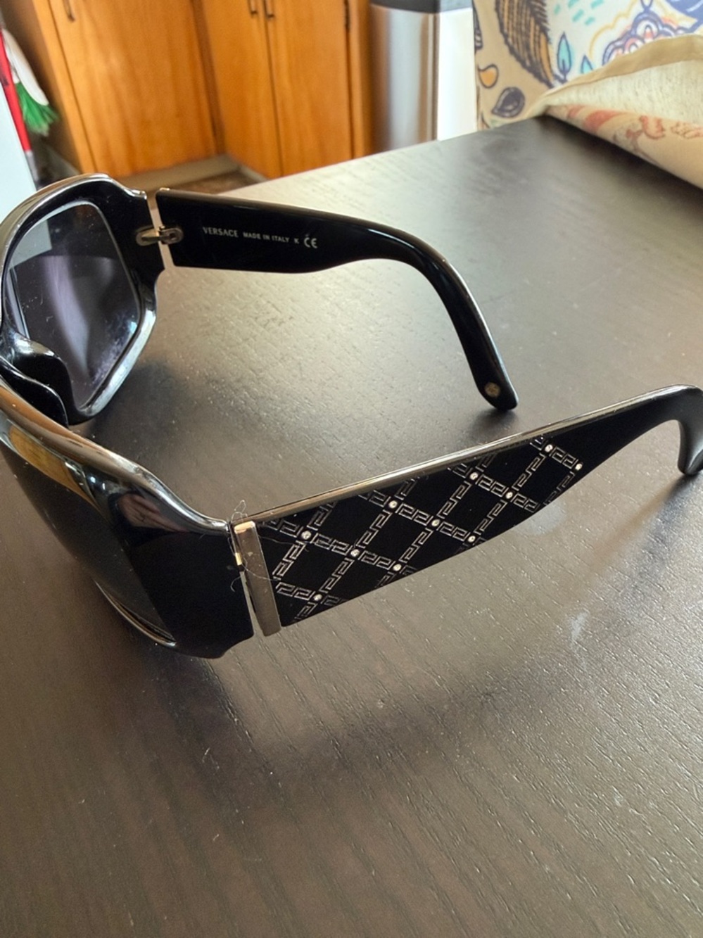 Versace Black Square Sunglasses with Patterned Temple